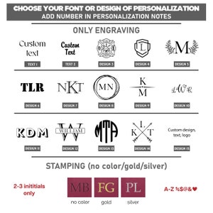 May include: A chart showing different font and design options for personalization. The options include custom text, initials, monograms, and a fire department logo. The chart also includes options for stamping with no color, gold, or silver.