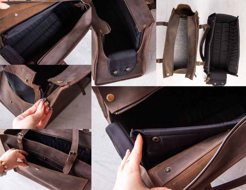 May include: A brown leather pet carrier with a zipped opening, a mesh panel, and a small pocket on the outside. The carrier has two handles and a shoulder strap. The interior is lined with black fabric.