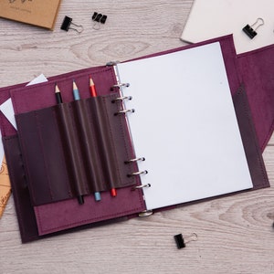 Pasta de diário cor de vinho, pasta de couro com 6 argolas A5, pasta com relevo, caderno de fichário recarregável, capa para fichário A5, pasta A4 com argolas
