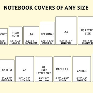 May include: A chart showing different notebook cover sizes in inches and centimeters. The sizes include: Passport, Field Notes, A6, Personal, A4, US Letter Size, B6, B6 Slim, A5, US Half Letter Size, Regular, Cahier, and B5.