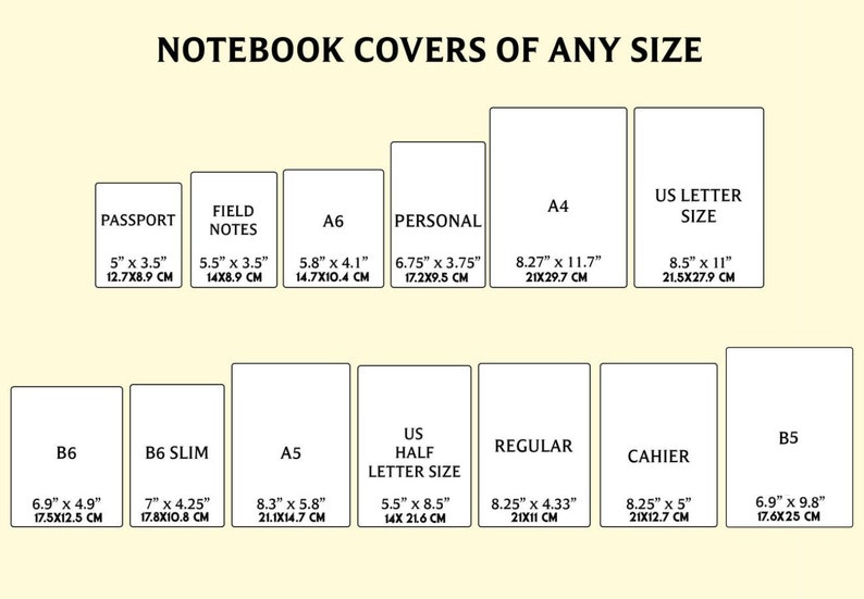 May include: A chart showing different notebook cover sizes in inches and centimeters. The sizes include: Passport, Field Notes, A6, Personal, A4, US Letter Size, B6, B6 Slim, A5, US Half Letter Size, Regular, Cahier, and B5.