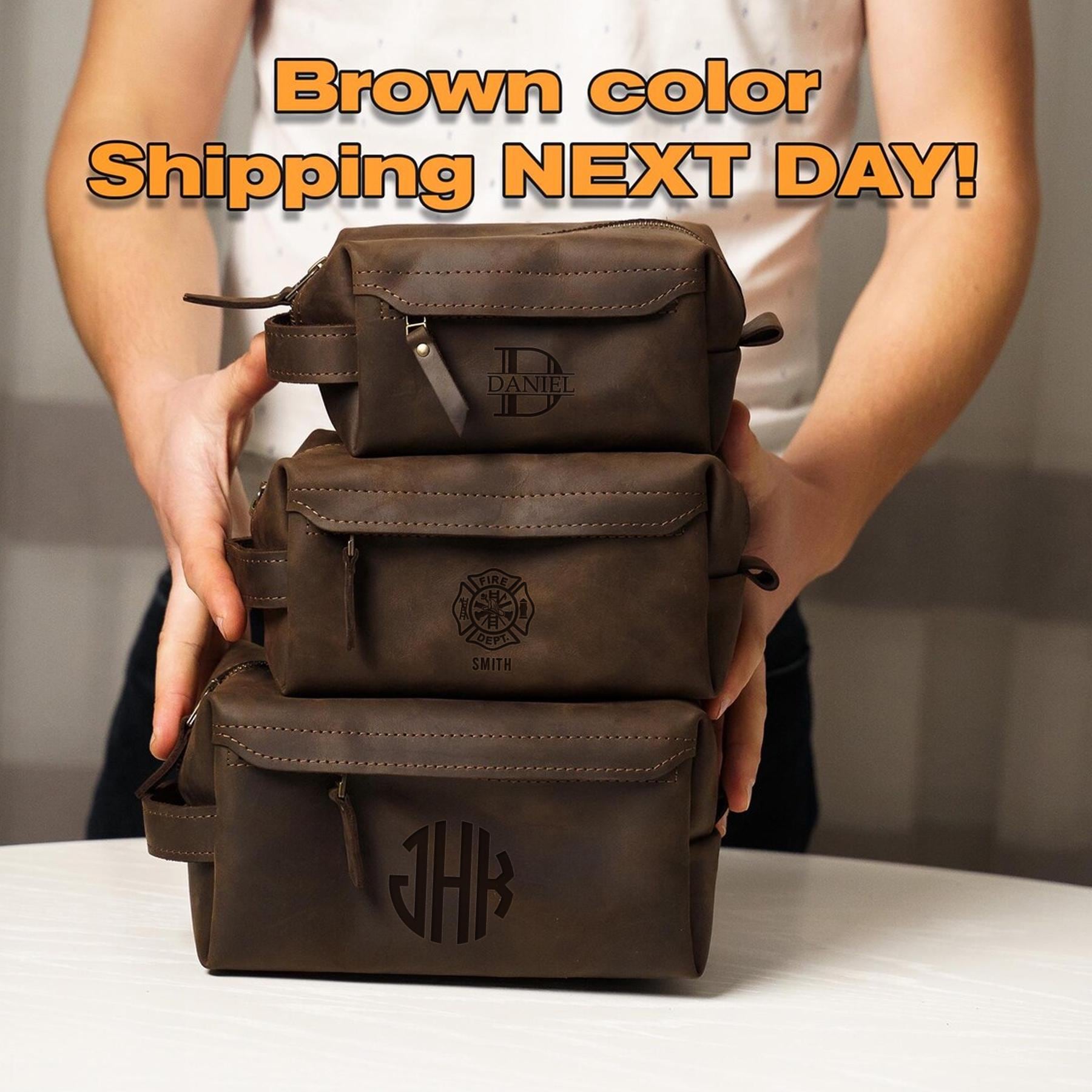 Engraved leather dopp kit, Brown toiletry bag, Toiletry bag with initial, Toiletry bag with name for men, Custom toiletry bag groomsmen