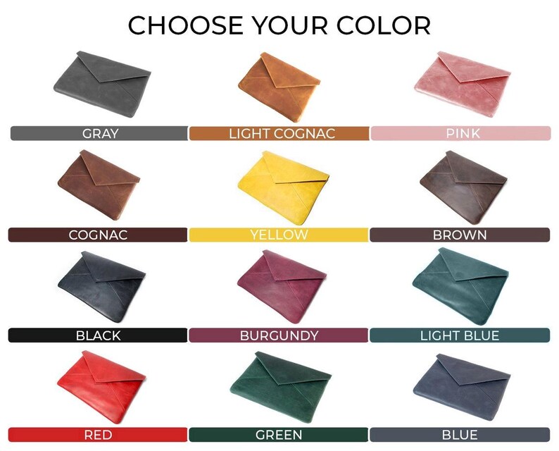 May include: A selection of 12 different colored leather envelope clutches. The colors include gray, light cognac, pink, cognac, yellow, brown, black, burgundy, light blue, red, green, and blue.