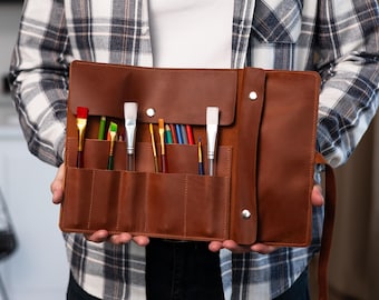 Étui à crayons, rouleau d'artiste en cuir, étui à pinceaux en cuir, cadeau pour peintre, étui à crayons en cuir, porte-pinceau, sac organiseur de crayons