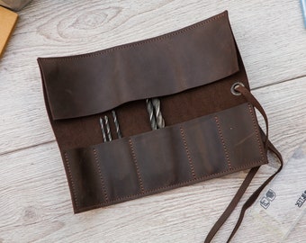 Estuche de cuero para agujas, Organizador de agujas de tejer, Estuche circular para tejer, Estuche de cuero para crochet, Estuche para agujas de tejer, Idea de regalo para una tejedora