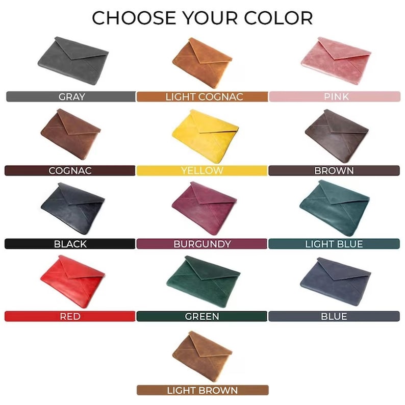 May include: A selection of 12 different colored leather envelope clutches. The colors include gray, light cognac, pink, cognac, yellow, brown, black, burgundy, light blue, red, green, blue, and light brown.