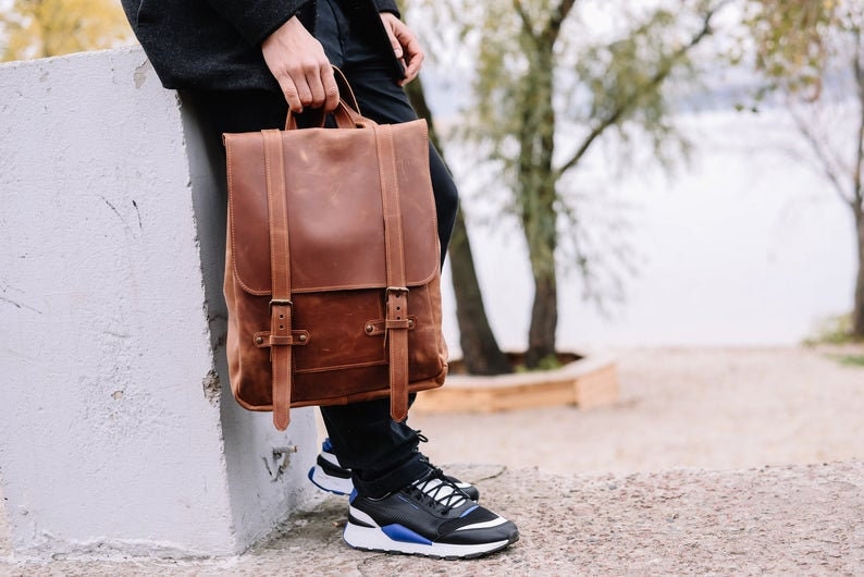 Leather backpack men laptop, Brown backpack, Satchel backpack, Mens backpack, Laptop backpack men, Laptop backpack with logo image 1