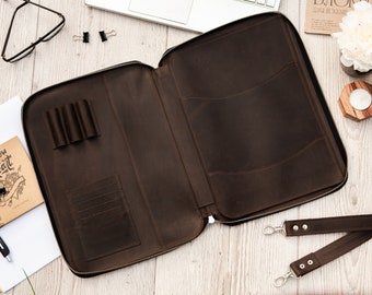 Personalized leather portfolio bag, Leather portfolio with handle, Document carrier case, Zippered portfolio custom, Business portfolio