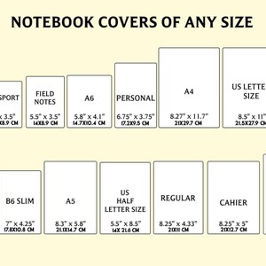 May include: A chart showing different notebook cover sizes in inches and centimeters. The sizes include: Passport, Field Notes, A6, Personal, A4, US Letter Size, B6, B6 Slim, A5, US Half Letter Size, Regular, Cahier, and B5.
