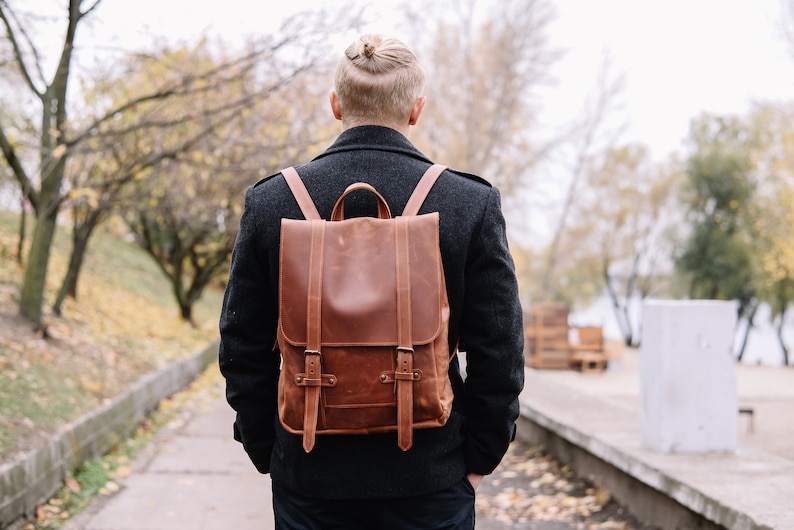 Leather backpack men laptop, Brown backpack, Satchel backpack, Mens backpack, Laptop backpack men, Laptop backpack with logo image 2