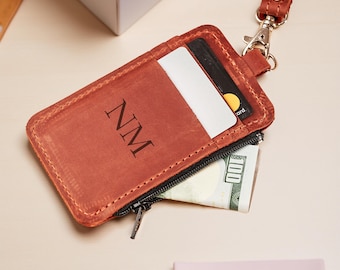 Leather id badge holder with zipper plan, Leather lanyard wallet, Vertical id badge holder, ID card holder lanyard, Custom id holder lanyard