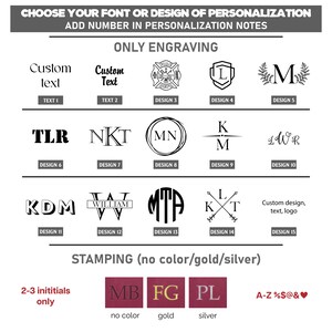 May include: A chart showing different font and design options for personalization. The options include custom text, initials, monograms, and a fire department logo. The chart also includes options for stamping with no color, gold, or silver.