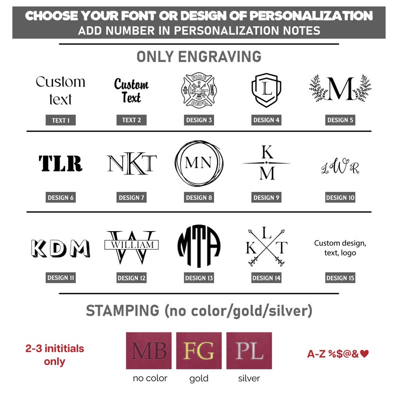 May include: A chart showing different font and design options for personalization. The options include custom text, initials, monograms, and a fire department logo. The chart also includes options for stamping with no color, gold, or silver.