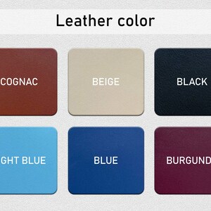 May include: Leather color swatches in six colors: cognac, beige, black, light blue, blue, and burgundy.