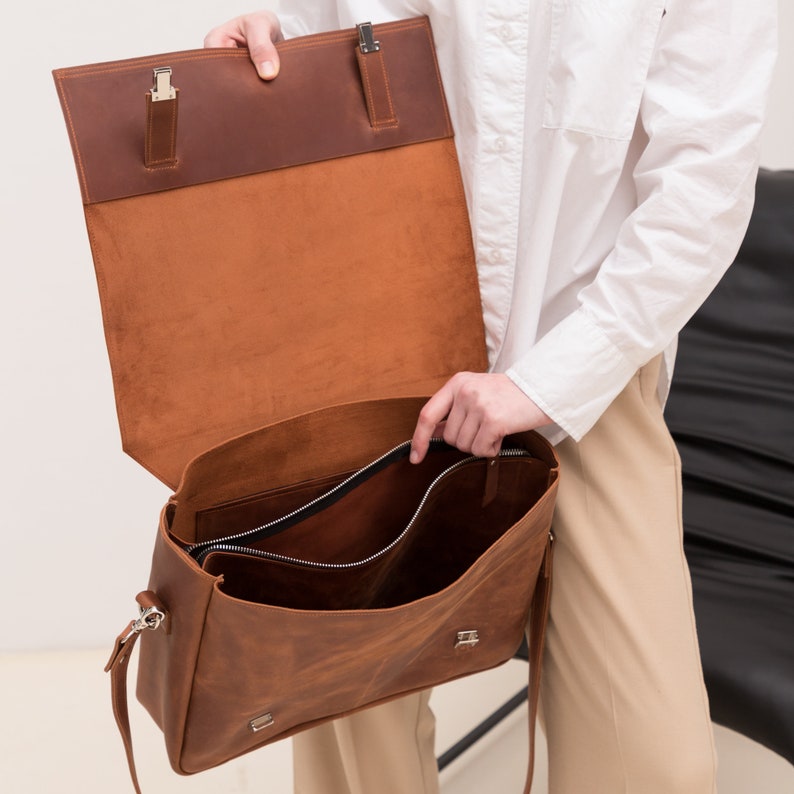 Womens laptop bag, Leather laptop bag, Brown bag, MacBook 15 inch bag, Laptop 17 incghbag, Leather crossbody bag, Unisex work bag image 3