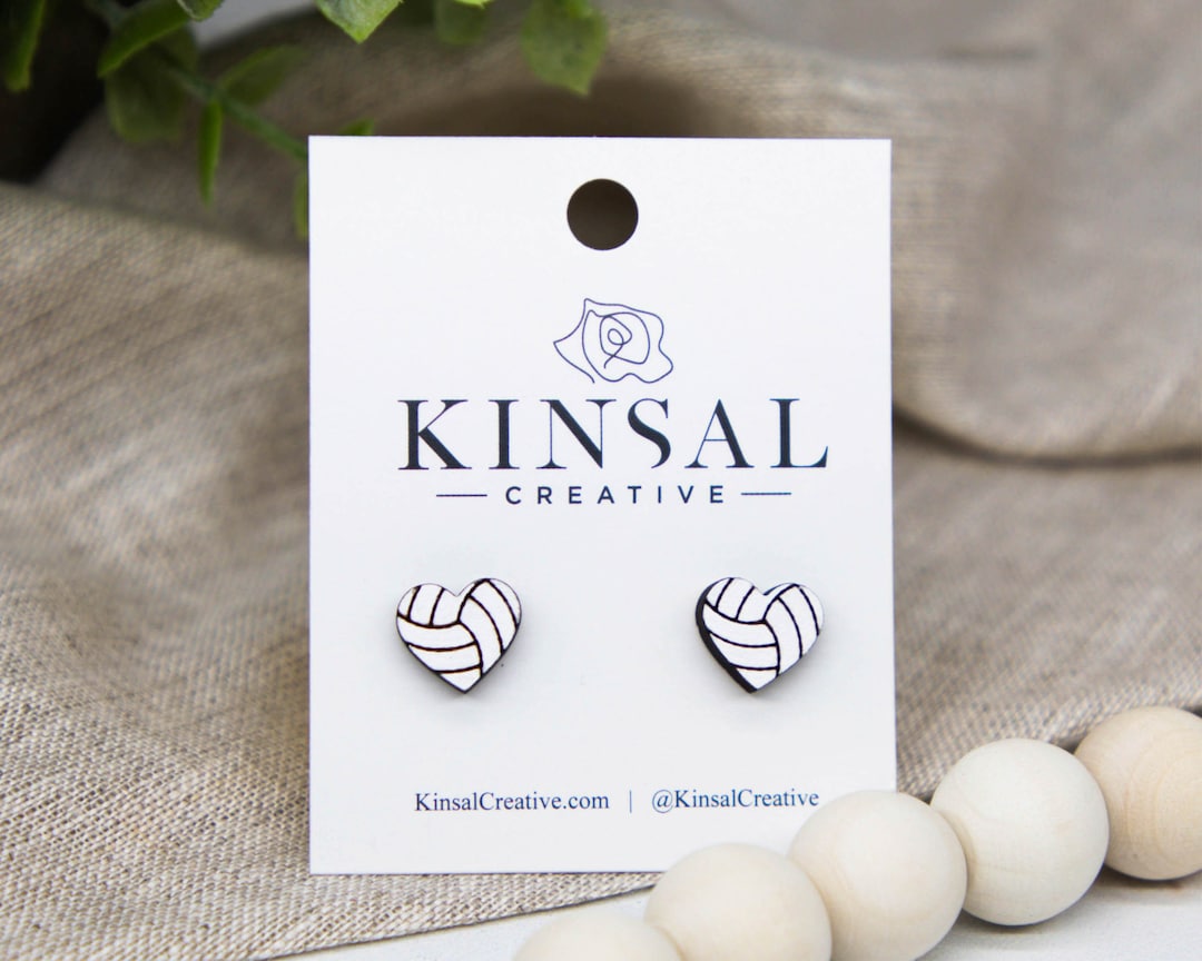 Volleyball Heart Wood Stud Earrings, Stud Earrings, Wooden Stud
