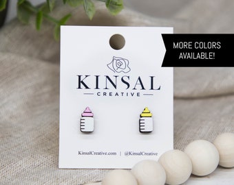 Pendientes de talón de madera para biberón, Pendientes de tachuelas, Pendientes de tachuelas de madera, Pendientes de poste, Pendientes hechos a mano, Pendientes de poste para damas, Baby Shower