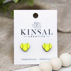 Tennis Ball Heart Wood Stud Earrings, Stud Earrings, Wooden Stud Earrings, Post Earrings, Handmade Earrings, Tennis, Ladies Post Earrings