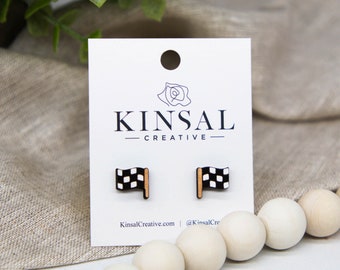 Checkered Flag Wood Stud Earrings, Stud Earrings, Wooden Stud Earrings, Post Earrings, Handmade Earrings, Racing, Ladies Post Earrings, Boho