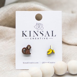 Monkey and Banana Wood Stud Earrings, Stud Earrings, Wood Earrings, Post Earrings, Handmade Earrings, Gifts for Her, Earrings, Minimalist