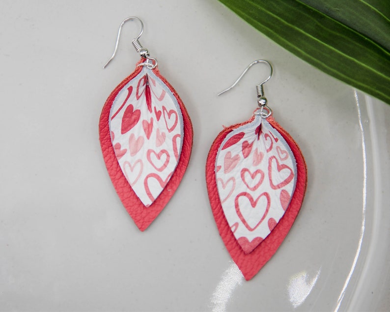 Sketchy Hearts Genuine Leather Layered Pinched Petal Teardrop Earrings Leather Earrings Leather Teardrop Earrings Leaf Earrings