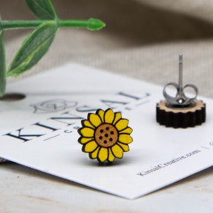 Sunflower Wood Stud Earrings, Stud Earrings, Wooden Stud Earrings, Post Earrings, Handmade Earrings, Boho Earrings, Ladies Post Earrings image 2