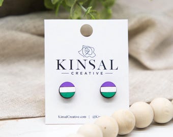 Genderqueer Pride-flagga Träörhängen, Örhängen, Träörhängen, Stolparörhängen, Handgjorda örhängen, Gåvor, Pride-månaden, HBTQIA+