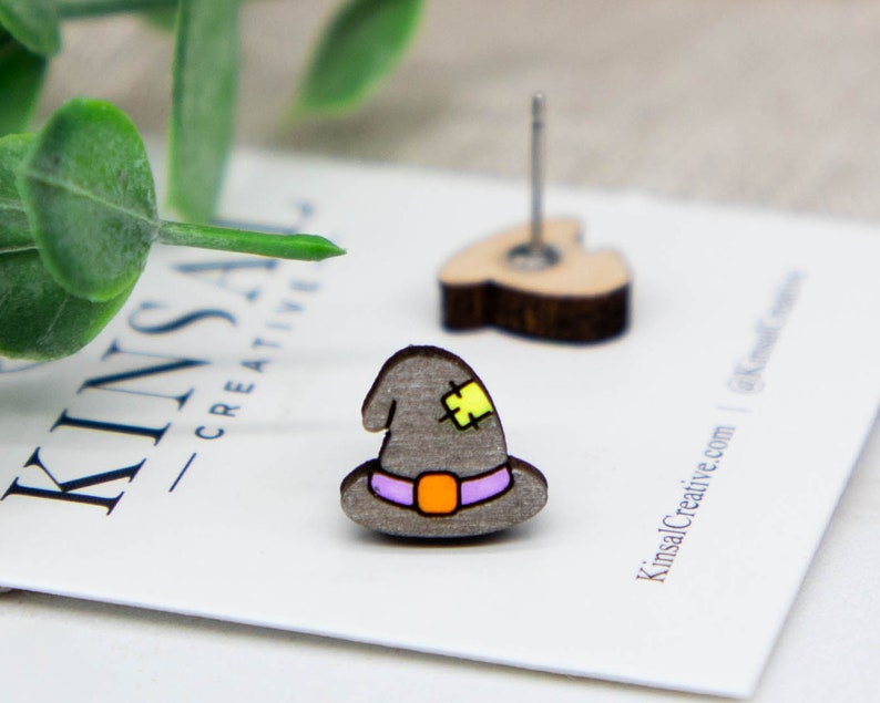 Witch Hat Wood Stud Earrings, Stud Earrings, Wooden Stud Earrings, Post Earrings, Handmade Earrings, Halloween, Gifts for Her, Boho image 2