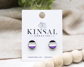 Örhängen i trä med asexuell prideflagga, örhängen, örhängen i trä, örhängen med stolpe, handgjorda örhängen, presenter, pridemånaden, HBTQIA+