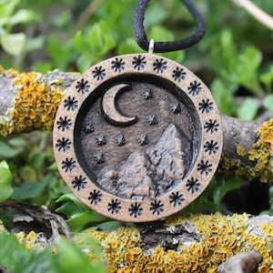 Wooden Mountain Pendant, Moon Necklace, Celestial Gift, Nature Lover Gift