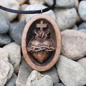 Sacred Heart Wooden Pendant, Baptism Gift, Christian Necklace