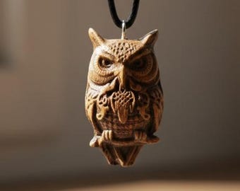 Owl Necklace Wooden Pendant, Natural Beechwood, Animal Lover Gift