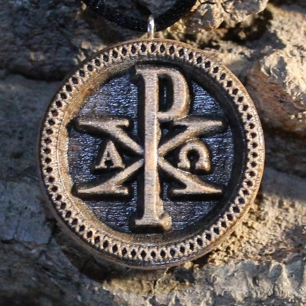 Collar Chi Rho, colgante de madera cristiana, joyería de cristograma, monograma de Cristo, regalo de bautismo