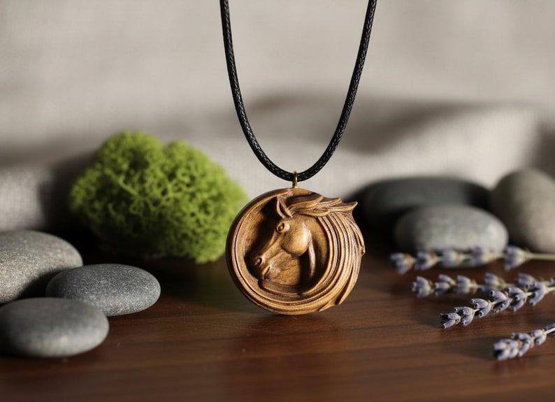 Personalized Carved Horse Pendant,Natural Beechwood Jewelry, Horse Lover Gift image 1