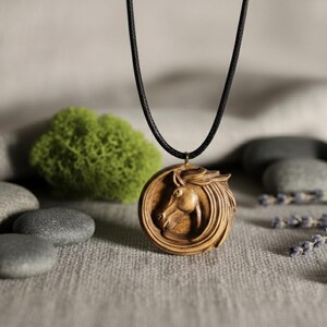 Personalized Carved Horse Pendant,Natural Beechwood Jewelry, Horse Lover Gift image 4