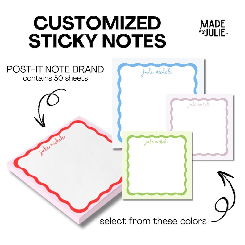 Puede incluir: Notas adhesivas personalizadas con un borde ondulado en rosa, azul, verde y morado. Las notas son de la marca Post-it y contienen 50 hojas. El texto en las notas dice "Julie Michele".