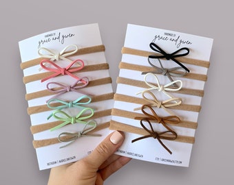 Suede Cord Hand Tied Bow Set | Baby Girl Hair Bows | Baby Hair Bows | Newborn Baby Gifts | Baby Nylon Headbands | Dainty Bow | Hair Bow Set