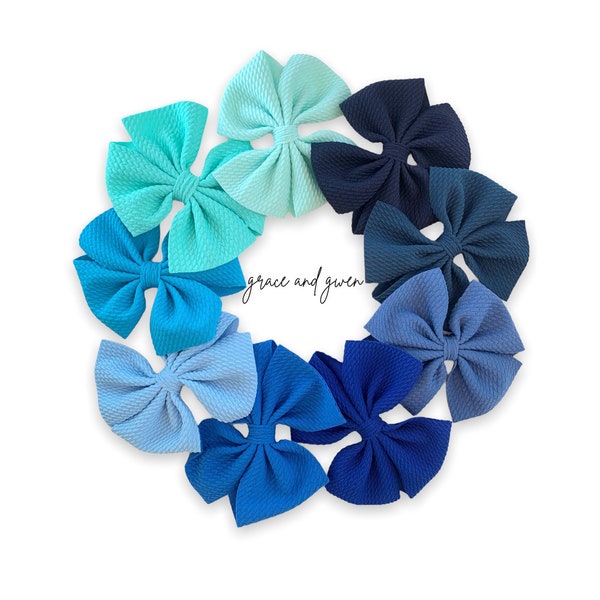 Blue Liverpool Pinwheel Bows | Hair Bows for Girls | Baby Bows and Headbands | Nylon Headband Hair Bow | Pigtail Bows | Toddler Bow Clips