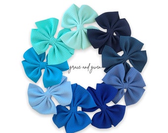 Blue Liverpool Pinwheel Bows | Hair Bows for Girls | Baby Bows and Headbands | Nylon Headband Hair Bow | Pigtail Bows | Toddler Bow Clips