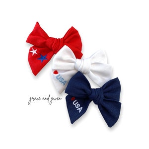 July 4th Embroidered Hand-Tied Hair Bows | Baby Hair Bows | Toddler & Newborn Bows | Baby Girl Hair Bows | Pigtail Bows | Bows for Girls