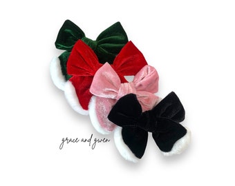 Velvet Santa Holiday Hand-Tied Bows | Hair Bows for Girls | Baby Bow Headbands | Nylon Headband Bow | Pigtail Bows | Hair Bow Clips