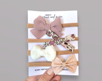 Newborn Set Hand Tied Bow Set | Baby Girl Hair Bows | Baby Hair Bows | Newborn Baby Gifts | Baby Nylon Headbands | Dainty Bow | Hair Bow Set