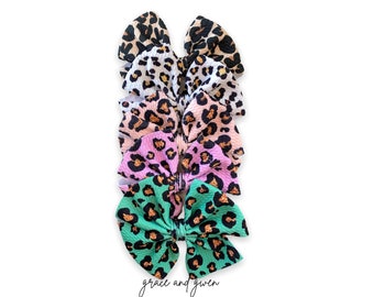 Leopard LP Bow Collection - Nylon Headbands and Clips - Baby Girl Bows - Big Bows - Hair Bows - Head Wrap Stretch Fabric Bow Bullet Bow