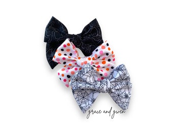 Last Chance Halloween Grace Bows | Halloween Hair Bows for Girls | Spider Web Hair Bow | Nylon Headband Bow | Pigtail Bows | Ghost Hair Bow
