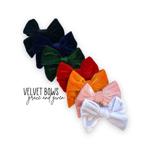 Velvet Holiday Hand-Tied Bows | Christmas Hair Bows for Girls | Baby Bows and Headbands | Nylon Headband Bow | Pigtail Bows | Hair Bow Clips