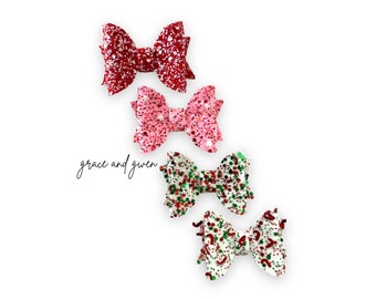 Holiday Glitter Small Chunky Hair Bow | Baby Girl Hair Bows | Nylon Baby Headband | Glitter Hair Bows | Toddler Bow Clip | Newborn Headbands