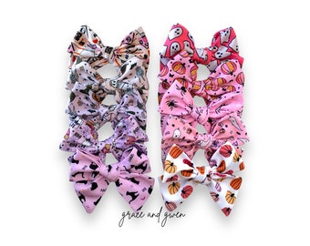 Pink & Purple Halloween Grace Bows | Halloween Hair Bows for Girls | Pumpkin Hair Bow | Nylon Headband Bow | Pigtail Bows | Ghost Hair Bow