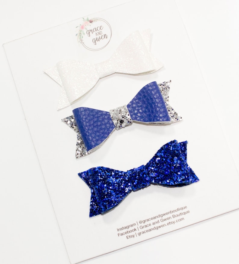 Handmade navy /& gold glitter bows girlls chunky 4/" hair clip or headband