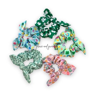 Saint Patrick&#39;s Day Scrunchie Hair Tie | Bow Scrunchy | Elastic Hair Tie Scrunchies | Spring Scrunchy | Gifts For Her | Clover Scrunchy