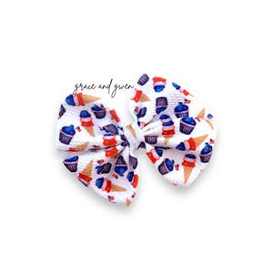 Cupcake July 4 Independence Liverpool Pinwheel Bow | Hair Bows for Girls | Baby Bows and Headbands | Nylon Headband Bow | Toddler Bow Clips